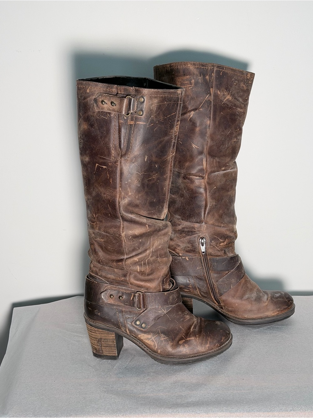 Women’s Distressed Brown Leather Mid-Calf Heeled Boots